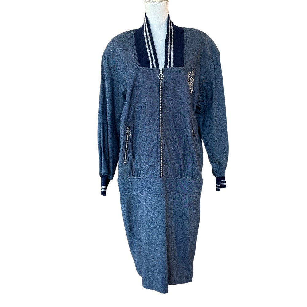 Marie Torelli Los Angeles Denim Bomber Style Midi Dress‎ Crest Detail Vintage